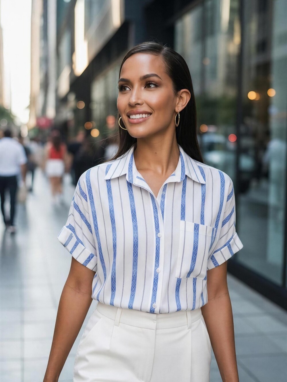 Women's Blue & White Striped Short-Sleeve Button-Up Top SIZE XL